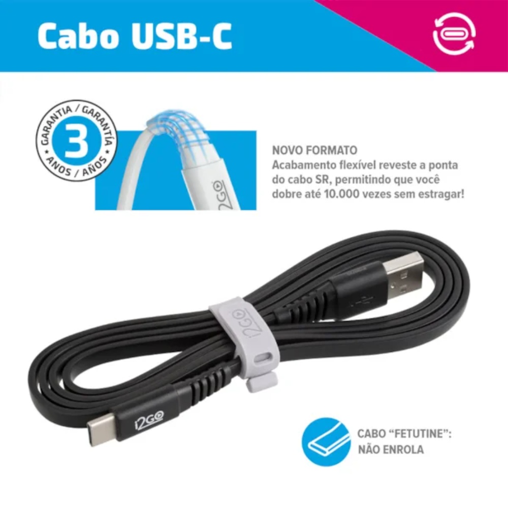 Cabo USB-A com Conector USB-C i2GO 1,2m Flexível Flat Preto i2GO Basic — foto 6