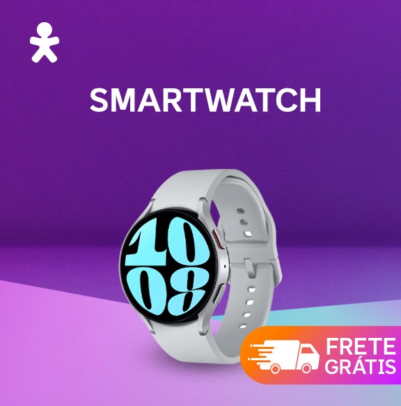 a imagem mostra um fundo roxo com smartwatch em destaque com o selo de frete grátis
